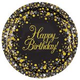 Oaktree Happy Birthday Sparkling Fizz Black & Gold 9inch/23cm Plates 8pcs - Partyware